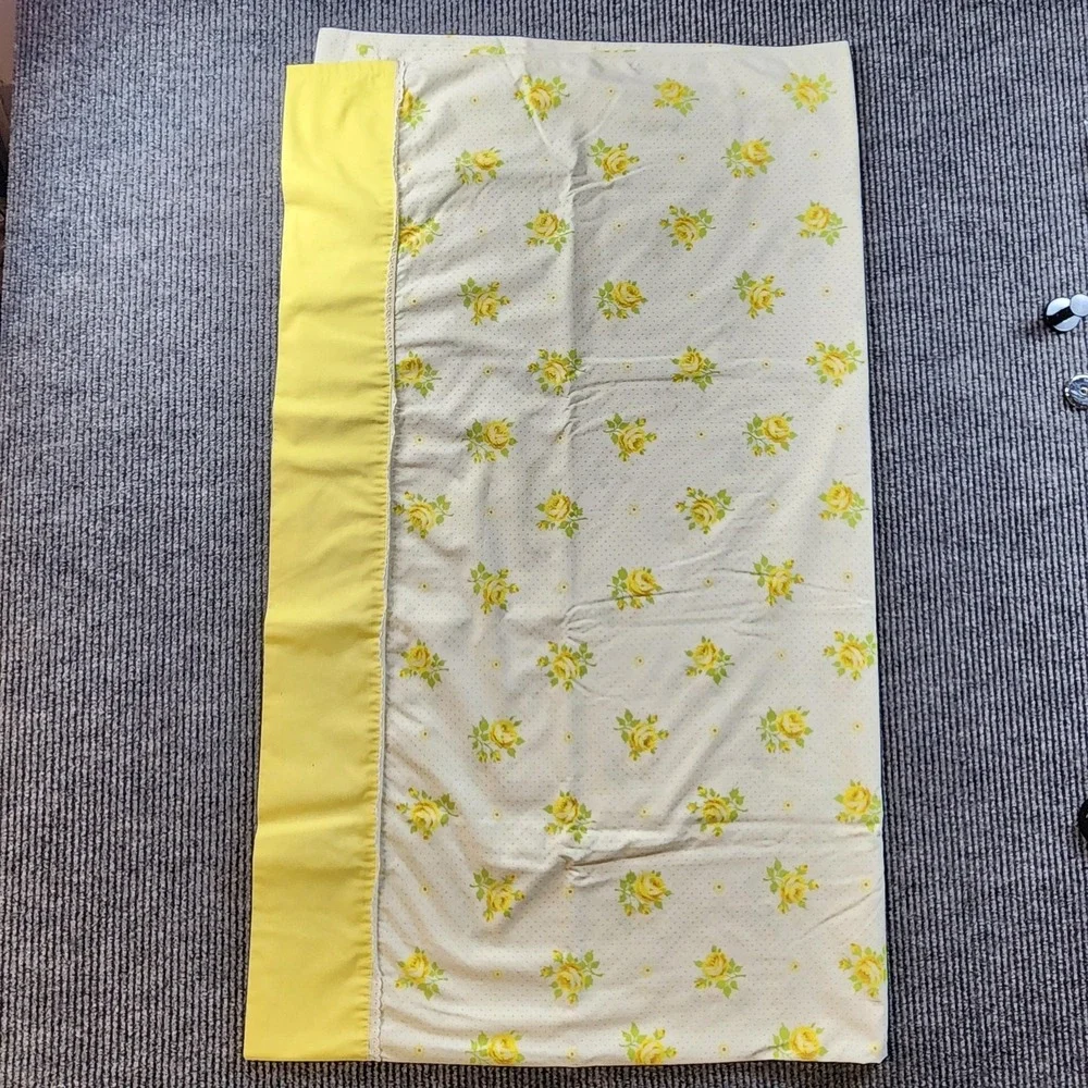 Vintage Wamsutta Yellow Rose Floral Sheet Set Double Flat Fitted Ultra Percale
